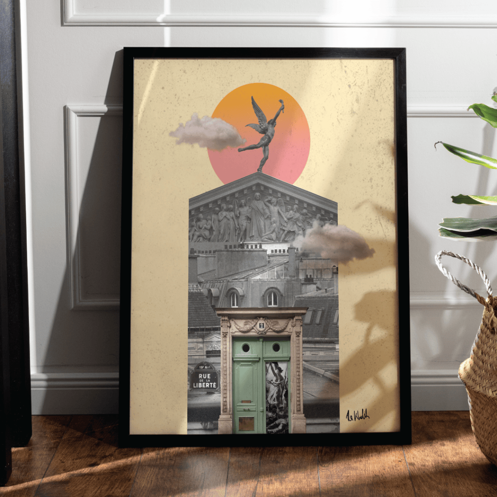Photo collage artwork of a green Paris door under a bright sun and soft clouds, Liberté piece from Les Portes de Paris