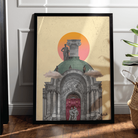 Photo collage artwork of a Paris landmark with a red door, embracing statues, a domed rooftop, and a glowing sun