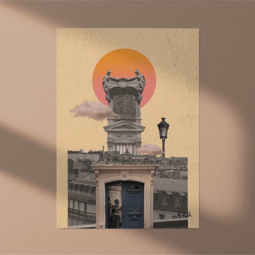 Photo collage artwork of Paris with blue doors, sunlit windows, and architectural details